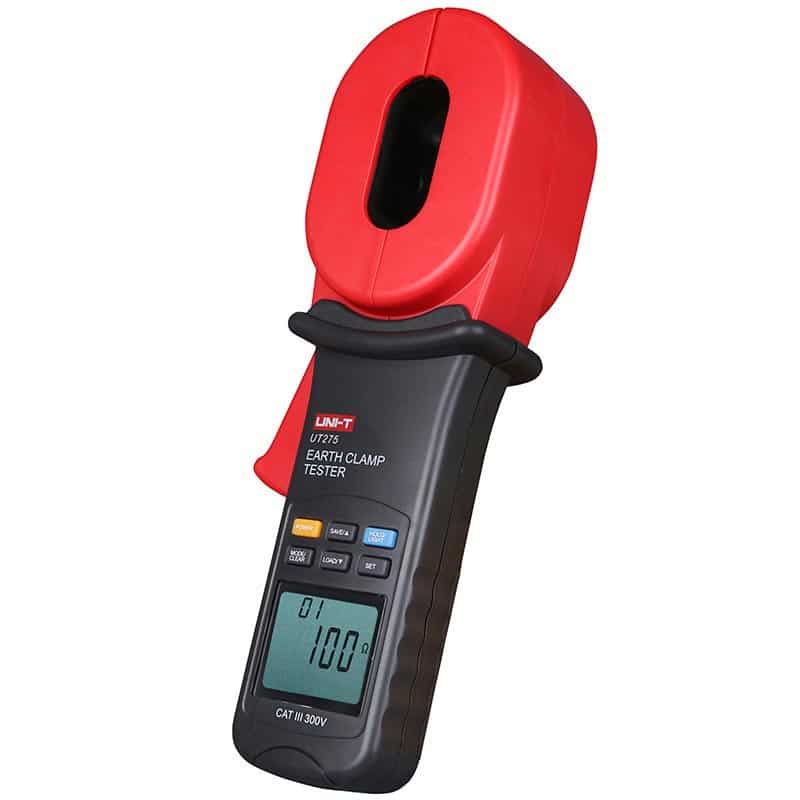 Uni-T UT275 Clamp Earth Ground Tester, a handheld device with a large clamp jaw for non-contact measurement of ground resistance in electrical systems.