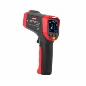 Uni-T UT305S Professional Infrared Thermometer, a handheld non-contact temperature gun with a large LCD display, ergonomic grip, and laser pointer for precise aiming.