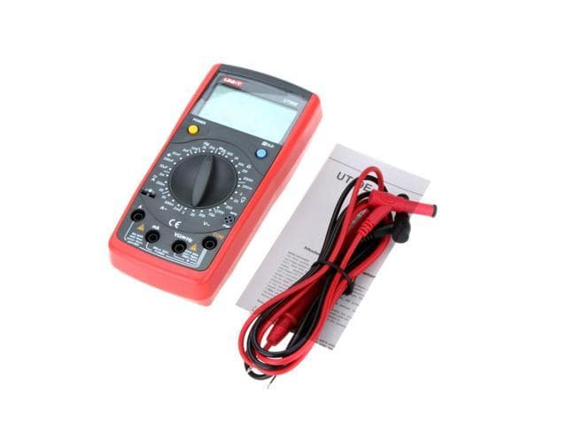 Uni-T UT39E+ High-Precision Digital Multimeter, a handheld yellow and black device with a large LCD display, test leads, and a rotary dial for selecting measurement functions.