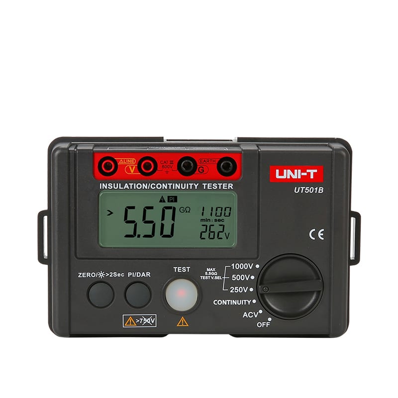 Uni-T UT501B 1000V Insulation Resistance Tester, a handheld digital meter with a large LCD screen, rotary dial, and buttons, featuring DAR and PI functions for advanced electrical testing.