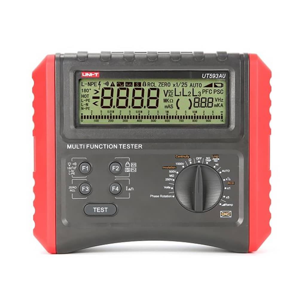 Uni-T UT593AU Multifunction RCD Loop Tester, a handheld digital electrical testing device with a large LCD screen, rotary dial, and multiple input terminals for professional use.