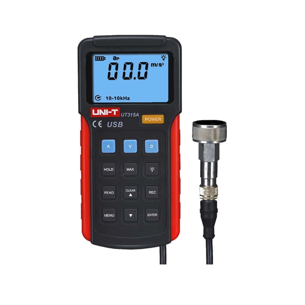 Uni-T UT315A Vibration Tester, a handheld device for measuring machinery vibration, featuring a digital display and an external probe for accurate readings.