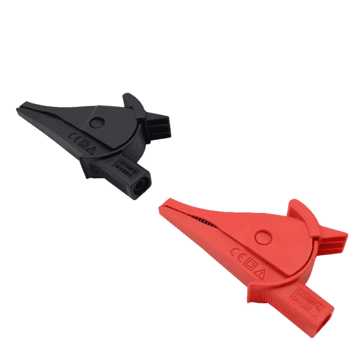 Uni-T UT-C02A insulated alligator clips, featuring red and black color-coding, designed for safe and secure electrical test connections.