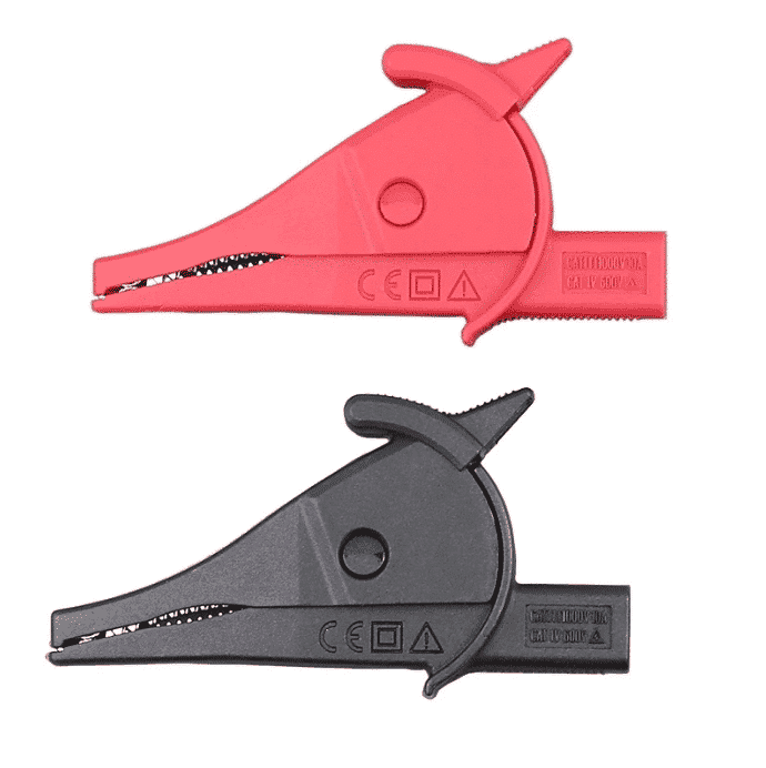 Uni-T UT-C02A insulated alligator clips, featuring red and black color-coding, designed for safe and secure electrical test connections.