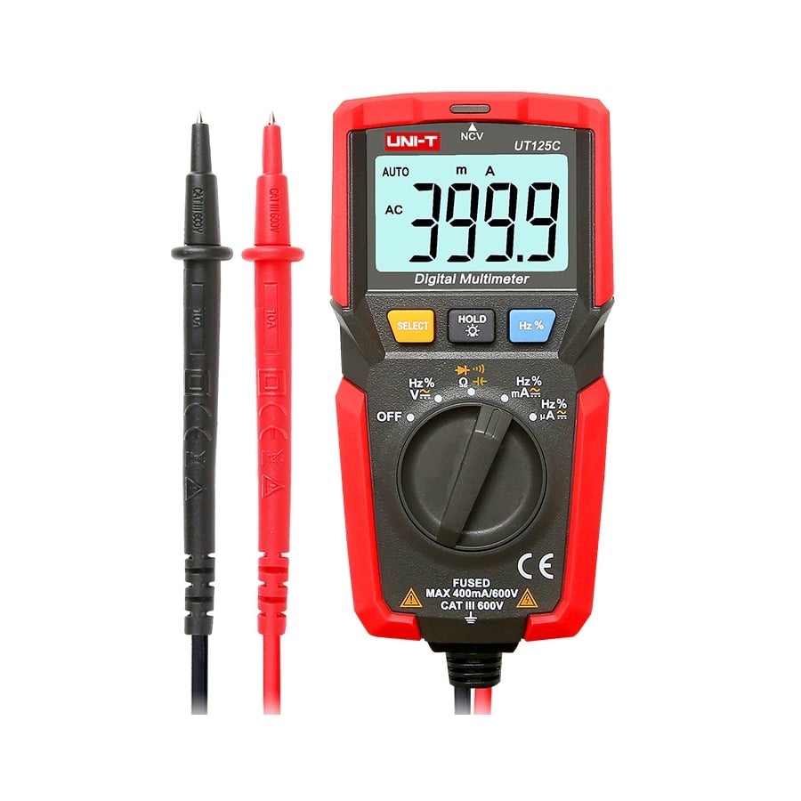 A close-up of the Uni-T UT125C Pocket Size Digital Multimeter, showing its compact form factor, LCD display, and rotary dial for various measurement functions.