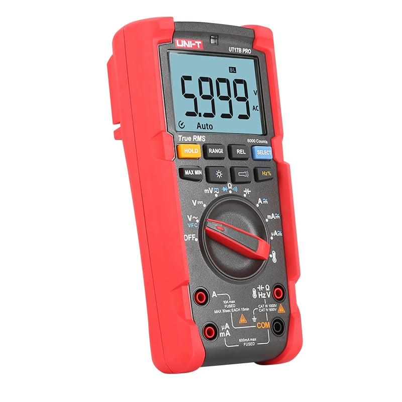 Uni-T UT17B-PRO Digital Multimeter, a handheld device with a large LCD screen, rotary dial, and test leads, designed for professional electrical measurement.