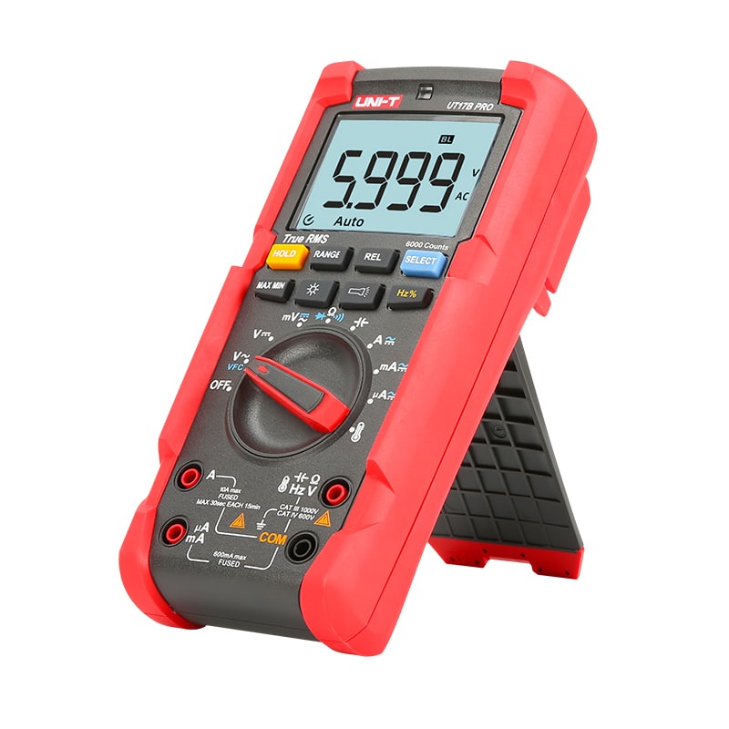 Uni-T UT17B-PRO Digital Multimeter, a handheld device with a large LCD screen, rotary dial, and test leads, designed for professional electrical measurement.