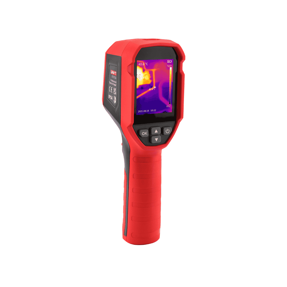 Uni-T UTi712S Value Thermal Camera, displaying a clear 320x240 pixel thermal image on its screen, suitable for electrical and HVAC inspections.