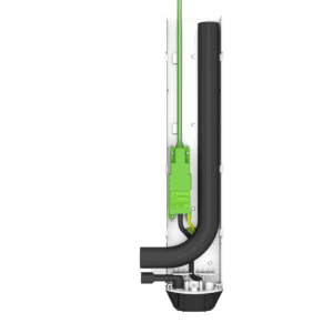 A close-up of the DiversiTech WHISPA-Q-TRUNK condensate pump system, showing the sleek white trunking with the pump subtly integrated inside, designed for ultra-quiet operation.