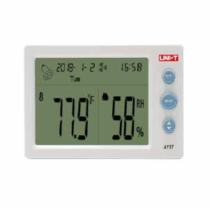 A13T Digital Temperature Humidity Meter & Monitor. A handheld device with a clear LCD screen displaying accurate temperature and humidity readings.