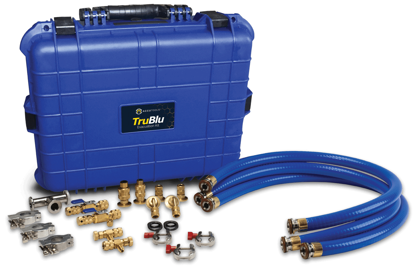 Accutools TruBlu Professional Evacuation Kit with Case. A complete and portable kit for efficient and deep vacuum evacuation of HVAC/R systems.