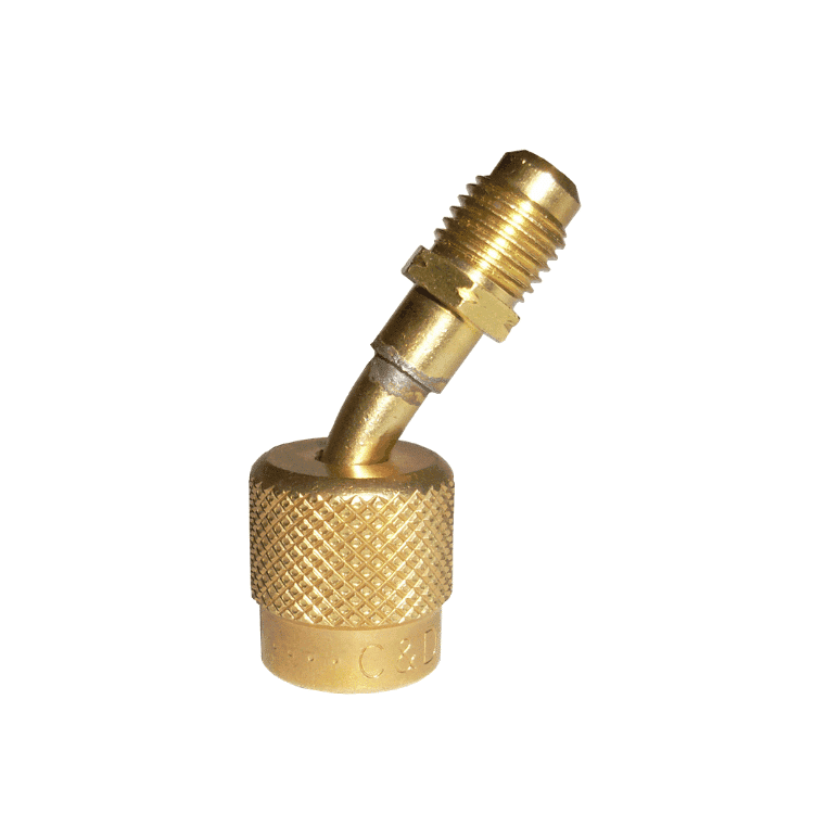 Close-up of a C&D CD2056 1/4 SAE male to 5/16 SAE female adaptor, a metal fitting used to connect hydraulic or pneumatic hoses with different thread sizes.