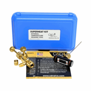 C&D CD3990 Superheat Kit, featuring the CD3930 (BV-CRT) electronic vacuum gauge and the CD3975 thermometer, essential HVAC tools for accurate superheat and subcooling measurements.