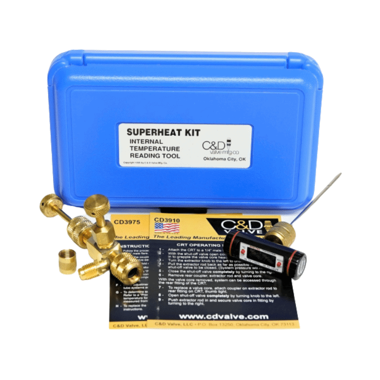 C&D CD3990 Superheat Kit, featuring the CD3930 (BV-CRT) electronic vacuum gauge and the CD3975 thermometer, essential HVAC tools for accurate superheat and subcooling measurements.