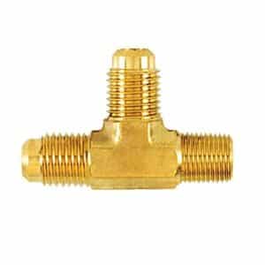 A close-up of a C&D CD9616 1/4 Inch SAE Access Tee, a brass fitting with a 1/4-inch SAE female port and two 1/4-inch SAE male ports, designed for easy access to refrigeration systems.