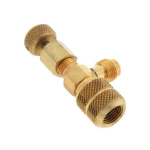 Close-up of a C&D CD2080 5/16 Inch Flare Thumbscrew Core Depressor, a brass fitting with a thumbscrew for controlling refrigerant flow in HVAC systems.