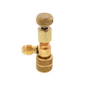 Close-up of a C&D CD2080 5/16 Inch Flare Thumbscrew Core Depressor, a brass fitting with a thumbscrew for controlling refrigerant flow in HVAC systems.