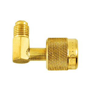 A close-up of the C&D CD2090 1/4 SAE Sure Real Retaining Coupler, a brass fitting designed for HVAC/R applications. This coupler features a 90-degree angle and is used to connect and disconnect refrigerant lines securely.