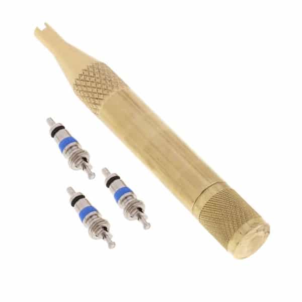 A close-up of the C&D CD3813 Valve Core Tool, a small, handheld tool with a knurled grip and a built-in storage compartment for extra valve cores. This essential HVAC tool is used to remove and replace valve cores in refrigeration systems.