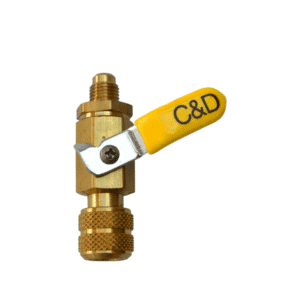 Close-up of the C&D CD4040 Straight Ball Valve, a brass fitting with a red lever handle, designed for 1/4 SAE connections, used in HVAC and refrigeration systems for fluid control.