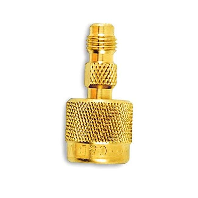 C&D CD2035 1/4F x 1/4M Flare Sure Seal Coupler, a close-up of a metal fitting with a 1/4-inch female flare connection and a 1/4-inch male flare connection.