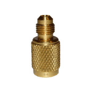 C&D CD2058 brass fitting, 1/4 inch female to 5/16 inch male adaptor for HVAC and refrigeration systems.