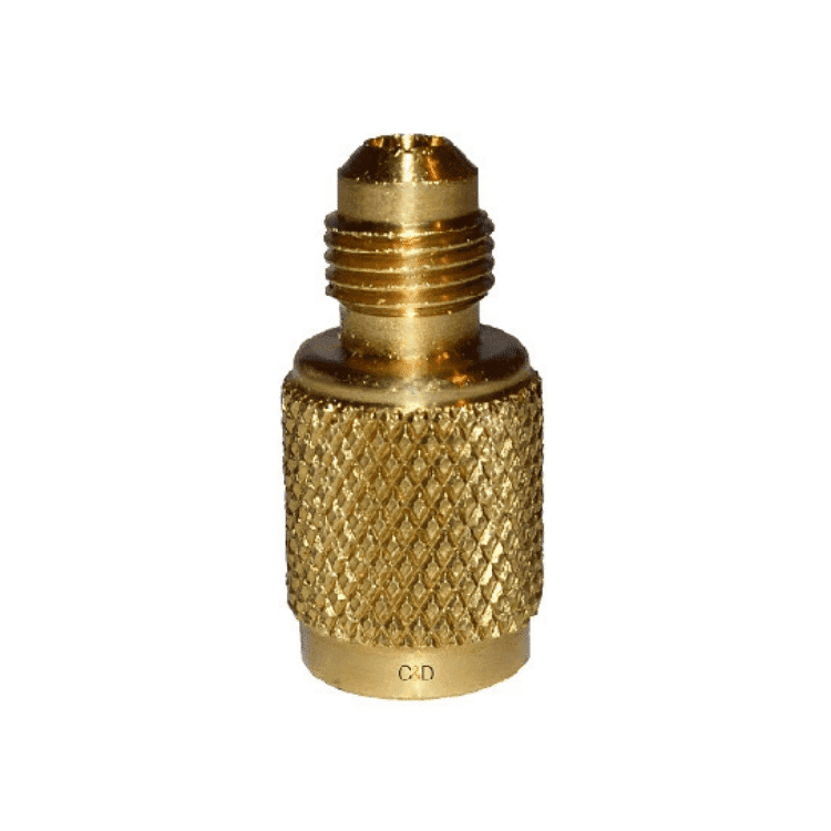 C&D CD2058 brass fitting, 1/4 inch female to 5/16 inch male adaptor for HVAC and refrigeration systems.