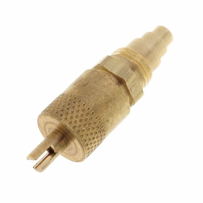 Close-up of a C&D CD3600 Stepped Access Valve, a brass fitting with multiple stepped sizes for easy connection in HVAC/R systems.