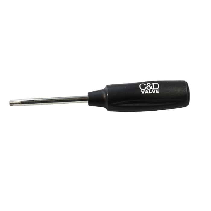 A close-up of the C&D CD3815 Valve Core Torque Driver, a precision tool with a knurled handle and adjustable torque settings, designed for accurately tightening valve cores in HVAC/R systems.