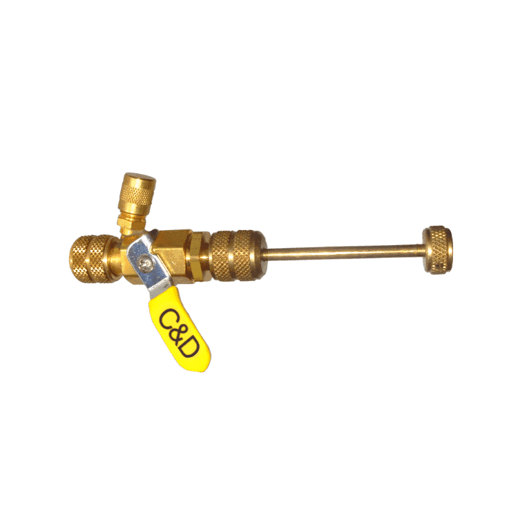 A close-up image of the C&D CD3930 Valve Core Removal Tool, a small, metal hand tool with a knurled grip, designed to remove and install valve cores on 1/4 inch SAE fittings.