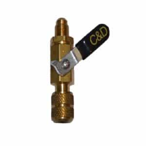 A close-up of the C&D CD4056 Ball Valve Coupler, a brass fitting with a blue lever handle. Designed for 5/16 SAE male and female connections, used in HVAC/R systems for refrigerant control.