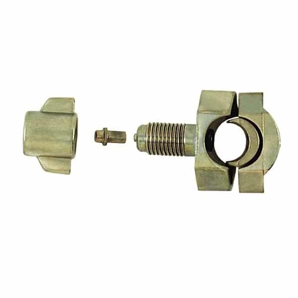 A close-up image of the C&D CD4338 3/8" Self-Piercing Line Tap Valve, a brass fitting with a piercing needle, designed for creating a service port on copper tubing without soldering.