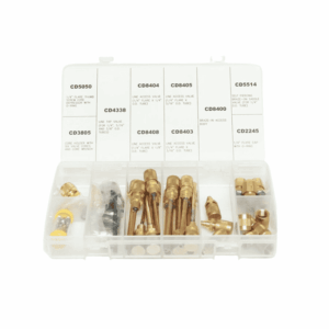 C&D CD9530SVK HVAC Appliance Service Kit, a collection of tools including a valve core removal tool, adapter, and caps, for servicing refrigeration and air conditioning units.