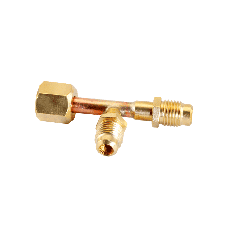 A close-up of the C&D CD9601 1/4 Inch Access Tee Male on Branch, a brass fitting with a threaded male connection on the branch, used for HVAC and refrigeration system access.