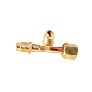 A close-up of the C&D CD9601 1/4 Inch Access Tee Male on Branch, a brass fitting with a threaded male connection on the branch, used for HVAC and refrigeration system access.