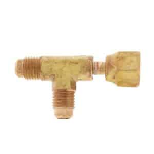 Close-up of a C&D CD9611 1/4 inch flared forged brass tee, showing its solid brass construction and flared connection points. Ideal for HVAC and plumbing applications.