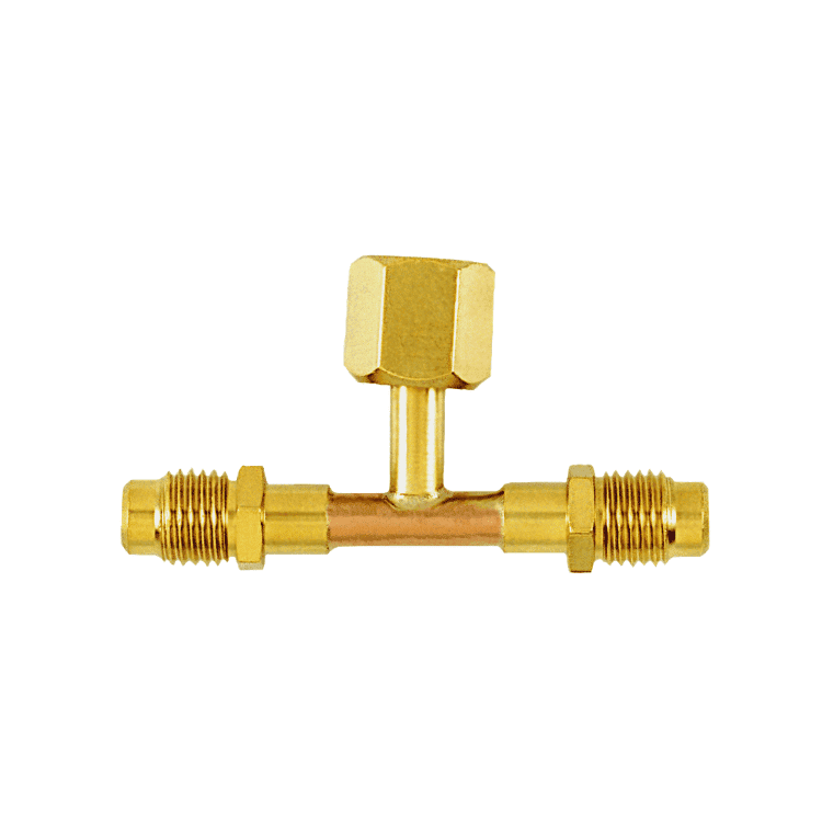 A close-up of a C&D CD9602 1/4 inch access tee connector, a brass fitting with a side access port for easy service and maintenance of HVAC or refrigeration systems.