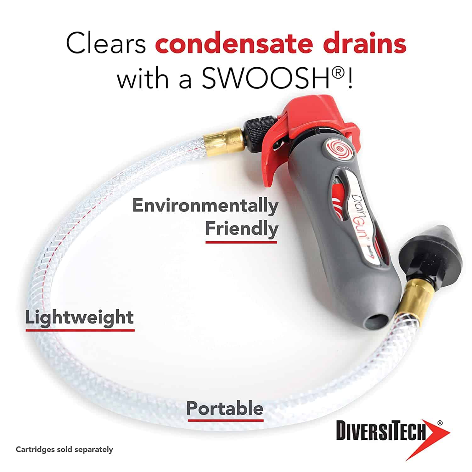 DiversiTech GG1 Drain Gun, a compact and portable device used for quickly clearing blockages in HVAC condensate drain lines using CO2 cartridges.