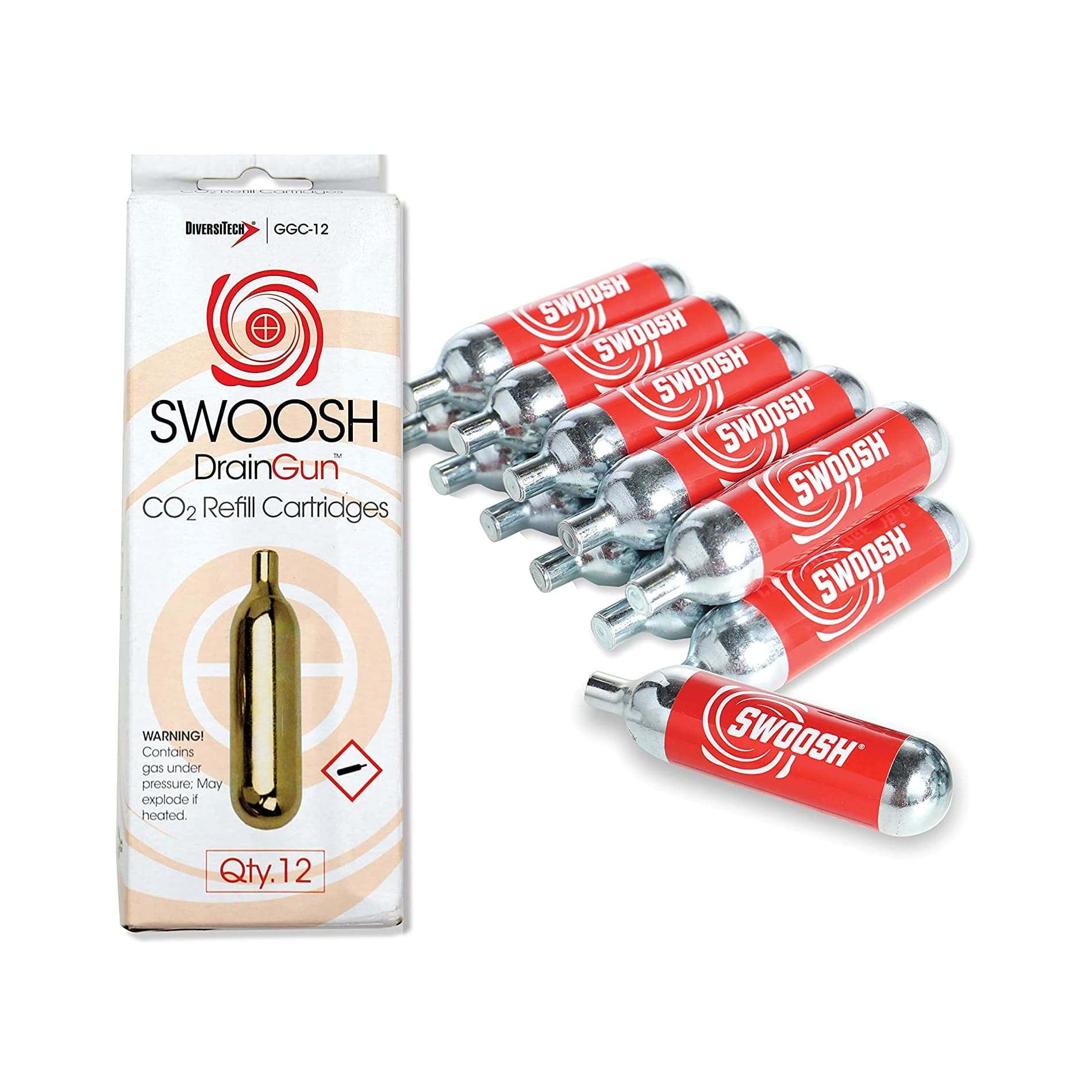 DiversiTech GGC-12 CO2 Drain Gun Cartridges, a pack of twelve threaded CO2 cylinders used as refills for a drain gun to clear clogged HVAC condensate lines.