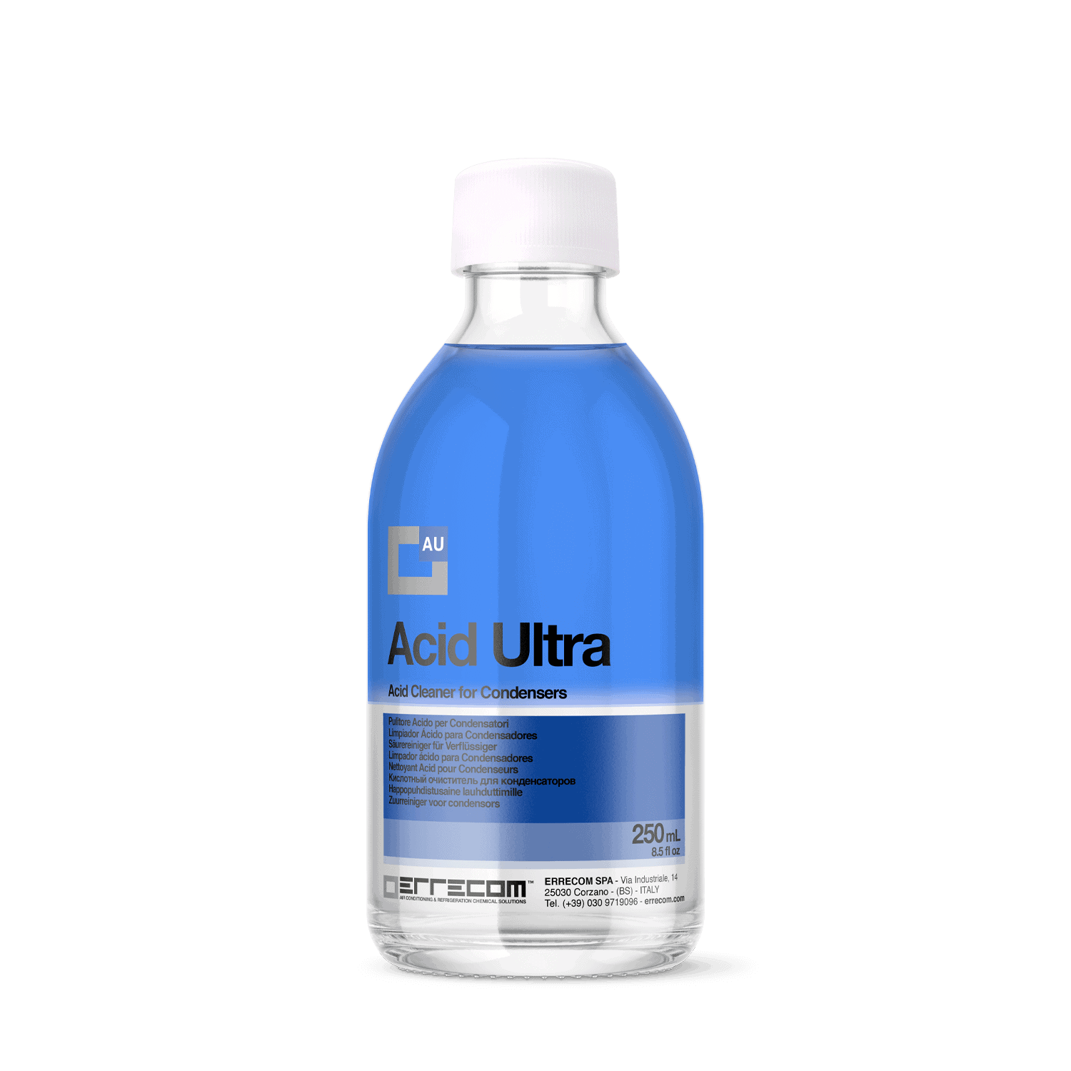 Errecom AB1222.Q.S1 Acid Ultra Condenser Cleaner bottle with a blue label, designed for powerful cleaning of HVAC/R condenser coils.