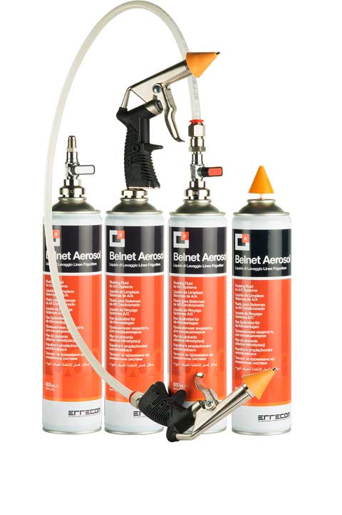 Errecom Belnet Flush Agent with ¼” SAE Thread, a clear liquid in a labeled container, highlighting its use for cleaning HVAC/R systems and its standard SAE connection.