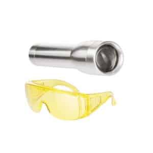 Errecom ER-RK1294 HVACR Adjustable Focus Torch with yellow and black handle, featuring an adjustable nozzle and accompanied by a pair of clear safety goggles. Essential tool for leak detection in HVAC/R systems.