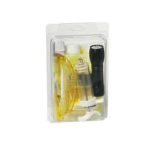 Errecom RK1235.R1 Brilliant HVACR Leak Detector Kit, featuring a UV flashlight, fluorescent dye bottles, safety glasses, and a carrying case, used for identifying refrigerant leaks in HVAC/R systems.