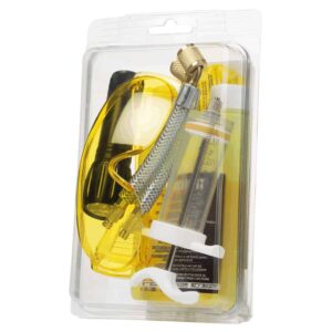 Errecom RK1235.R1 Brilliant HVACR Leak Detector Kit, featuring a UV flashlight, fluorescent dye bottles, safety glasses, and a carrying case, used for identifying refrigerant leaks in HVAC/R systems.