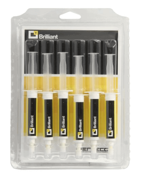 Errecom TR1058A6 Brilliant UV Dye 6 Shots, featuring six individual pre-filled cartridges of bright fluorescent leak detection dye for HVAC/R systems.