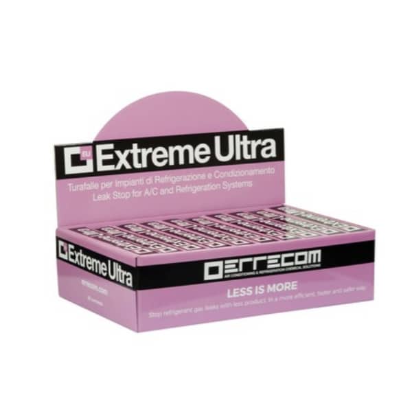 Errecom TR1163.AL.J7 Extreme Ultra Automotive Leak Stop, a silver and black canister with product labeling, designed to seal leaks in car AC and refrigeration systems.