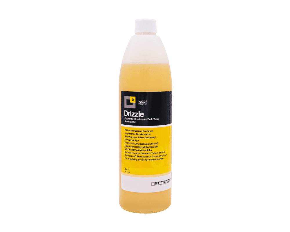 Errecom Drizzle AB1078.K.01 Drain Tube Cleaner, a bottle of liquid HVAC condensate drain cleaner designed to clear blockages and prevent clogs in AC drain lines.