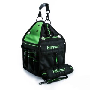 Hilmor 1839078 HT HVAC/R Tote, a rugged, black open-top tool bag with multiple internal and external pockets designed for organizing and carrying HVAC/R tools.