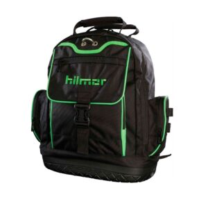 Hilmor 1839080 Backpack Tool Bag, a rugged black and blue backpack designed for HVAC/R technicians, showing multiple compartments and reinforced stitching for tool organization.
