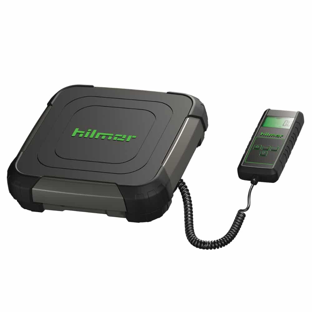 Hilmor RSW220 Wired Refrigerant Scale, a robust and accurate digital scale for measuring refrigerant during HVAC/R charging or recovery, featuring a wired remote.